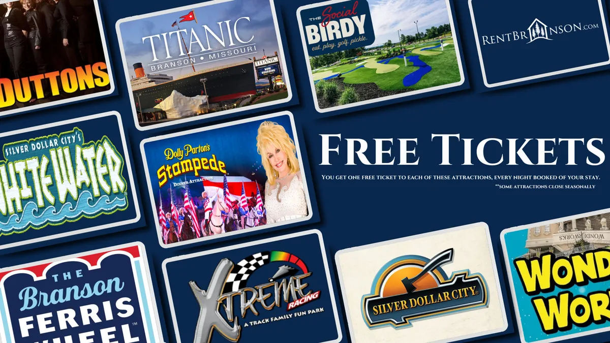 A vibrant display featuring attraction tickets with colorful logos and text highlighting 'Free Tickets.' The imagery hints at regional hotspots like Silver Dollar City, the Titanic museum, and a Ferris wheel, evoking a sense of excitement and adventure for all ages.