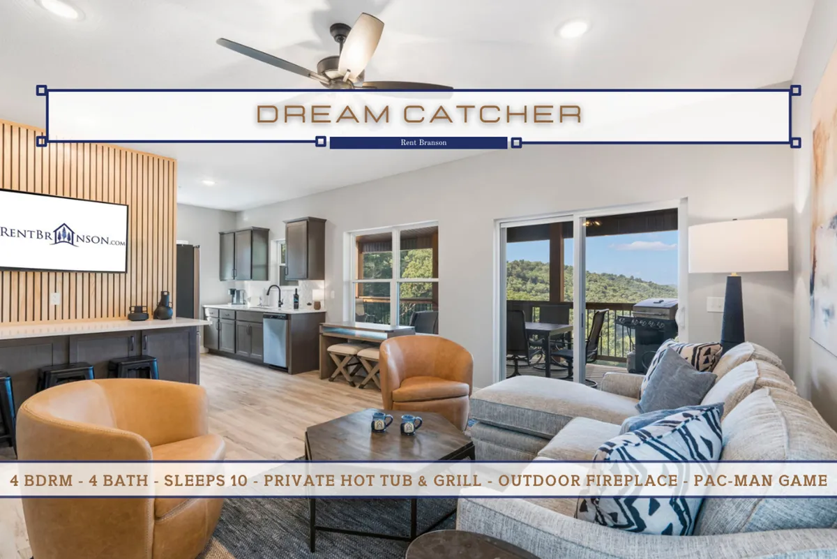 A spacious open living area seamlessly blending into a modern kitchen, with comfortable seating, large windows offering scenic views, and inviting spaces for both relaxing and gathering. The kitchen features sleek appliances and a breakfast bar, while the living area centers around plush seating ideal for family time.